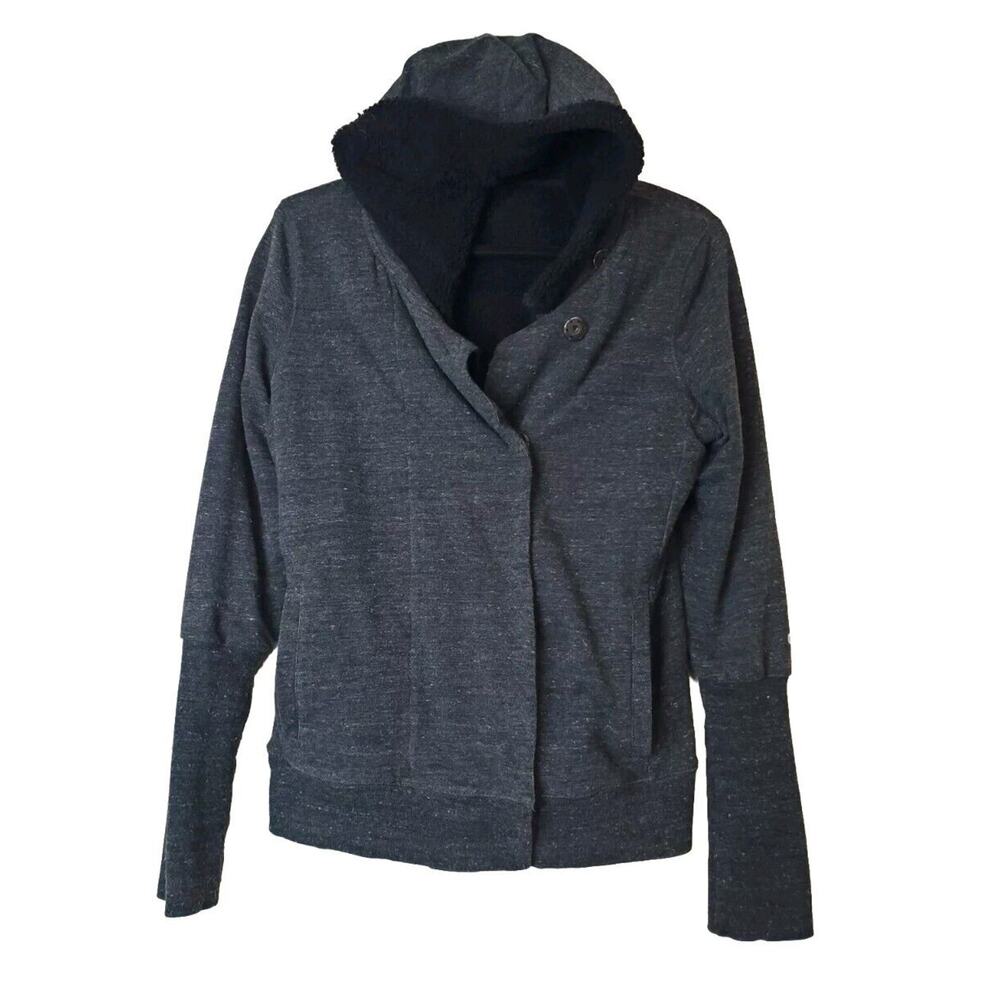 ALO Yoga Sherpa Lined Hooded Jacket Small‎ Snap Front Gray Thumbholes Hoodie